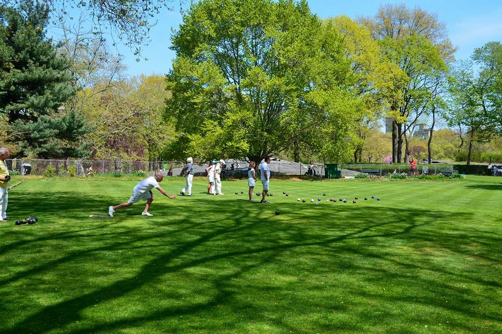 Groups of people playing lawn bowling on the Central Park greens with trees in the background