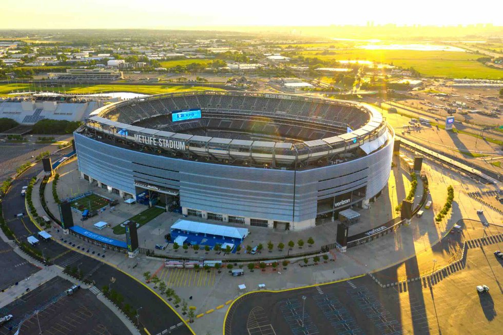 Aerial view of MetLife Stadium at sunrise, host venue for the FIFA World Cup 2026