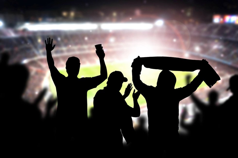 Fans cheering in silhouette with MetLife Stadium lit up at night during the World Cup