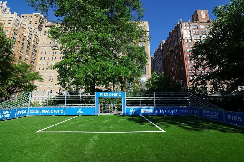 Empty FIFA Arena pitch in Central Park with Manhattan buildings in the background