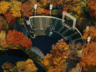aerial shot of Delacorte Theatre in fall